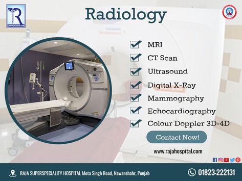 Radiology Facility at Raja Hospital. #RajaHospital #radiology #Facilities #BesRadiologyFacilities #EmergencyCare #Nawanshahr #Punjab Ad Ideas, Ct Scan, Emergency Care, Creative Ads, Radiology, Ultrasound, Layout, Social Media, Media