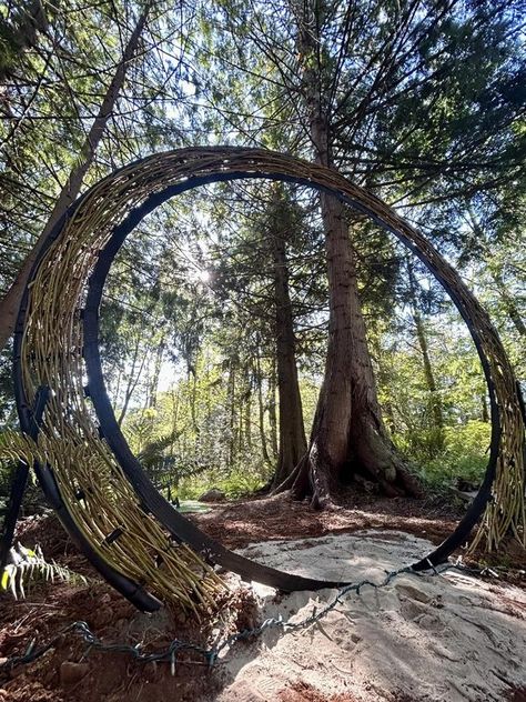 Recycle, Reuse and Repurpose! | My son outgrew his rusty 6’ trampoline so my friend and I painted it up, wove it with branches from the property and turned it into a magical moon g... | Facebook Recycling Trampoline Ideas, Trampoline Frame Ideas, Old Trampoline Frame Ideas, Re Purpose Trampoline, How To Reuse An Old Trampoline, Trampoline Upcycle, Repurposed Trampoline, Recycled Trampoline, Old Trampoline