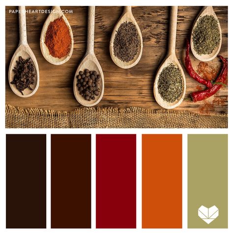 Color Palette: Herbs + Spices Earth Tones — Paper Heart Design Food Packaging Color Palette, Spicy Color Palette, Food Colour Palette, Food Color Palette, Food Colors Palette, Pink Green Bedrooms, Colour Palate, Colours That Go Together, Recipe App