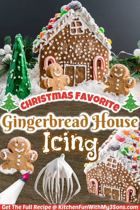 If you are building a gingerbread house for Christmas this year, then you have to try this recipe for Gingerbread House Icing. It holds the cookies together so well that you can make the best gingerbread house ever and have lots of fun while doing it! Royal Frosting For Gingerbread Houses, Best Frosting For Gingerbread Houses, Gingerbread Recipes For House, Best Icing For Gingerbread Houses, Frosting For Gingerbread House, Gingerbread House Icing Glue, Icing Recipe For Gingerbread House, Ginger Bread House Recipe, Gingerbread Recipe For House