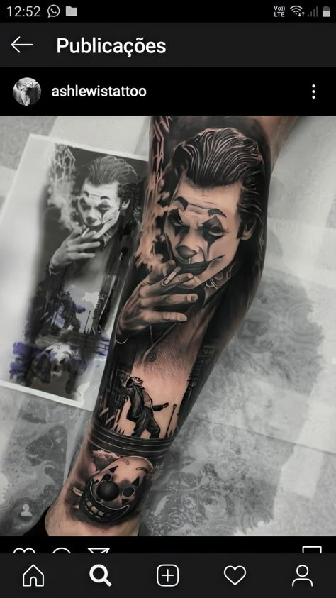 Joker Arm Sleeve Tattoos, Joker Tattoo Leg Sleeve, Joker Tattoo Ideas For Men Leg, Joker Leg Sleeve, Joker Tattoo Design Black And Grey, Joker Leg Tattoo, Joker Sleeve Tattoo, Batman And Joker Tattoo, Joker Tattoo Ideas For Men