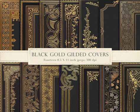 Printable Gilded Book Covers Black Leather Book Covers - Etsy UK Black And Gold Book Cover, Vintage Book Covers Printable, Vintage Book Cover Design, Book Covers Vintage, Gilded Book, Ornate Books, Etsy Shop Branding, Portfolio Theme, Leather Book Covers