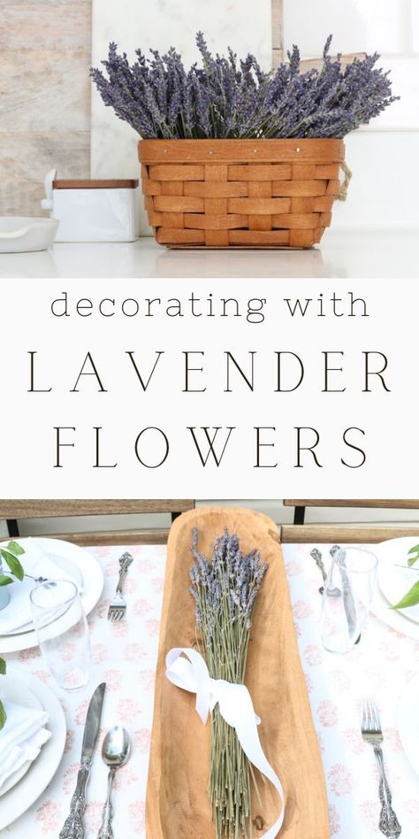 Imagine walking into a room filled with the calming scent of lavender. Your eyes are drawn to the beautiful pops of purple throughout the space, creating a warm, inviting atmosphere. Whether you're planning a wedding, updating your home decor, or dreaming up a seasonal centerpiece, decorating with lavender flowers is the perfect touch! From fresh, dried, or faux lavender, to centerpieces, wall decor, & printable art, we've got stunning shabby chic and rustic country ideas to inspire your design. Decorating With Lavender, Lavender Room Decor, Lavender Wall Decor, Lavender Centerpieces, Lavender Nursery, Kitchen Decor Trends, Lavender Uses, Lavender Room, Chic Bathroom Decor