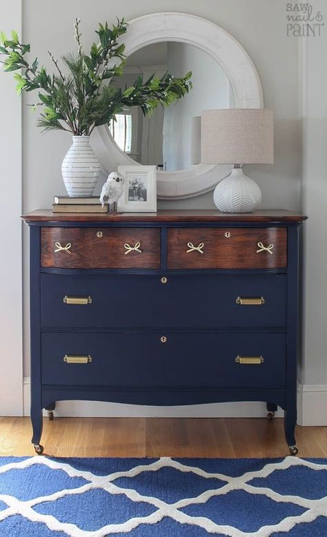 vintage dresser before and after makeover, painted furniture #vintagefurniture Blue Dresser, Shabby Chic Dresser, Vintage Dressers, In The Corner, Refurbished Furniture, Cool Ideas, Furniture Restoration, Furniture Makeover Diy, Paint Furniture