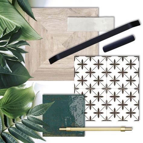 a mood board or flat lay that shows a monochrome tile compilation with tropical leaves Tropical Material Board, Tropical Moodboard, Lucas St, Mood Board Interior, Black White Bathrooms, Interior Design Games, Monochrome Palette, Pattern Tile, Tile Texture