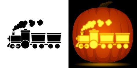 Train Pumpkin Stencil Pumpkin Train Ideas, Train Pumpkin Carving, Free Pumpkin Stencils, Pumpkin Carving Stencil, Printable Pumpkin Stencils, Pumpkin Stencils Free, Train Pumpkin, Halloween Birthdays, Pumpkin Patterns