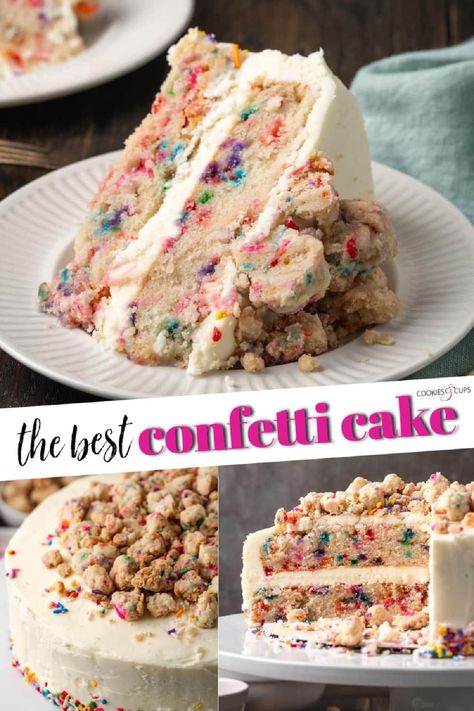 This is the best confetti cake recipe made from fluffy white cake loaded with rainbow sprinkles and topped with buttery sprinkle streusel topping! Even better than a boxed Funfetti cake mix! Funfetti Dessert Recipes, Confetti Cake Recipe, Funfetti Cake Mix Recipes, Confetti Cake Cookies, Confetti Cake Recipes, Funfetti Cake Recipe, Fluffy White Cake, Funfetti Birthday Cake, Funfetti Birthday