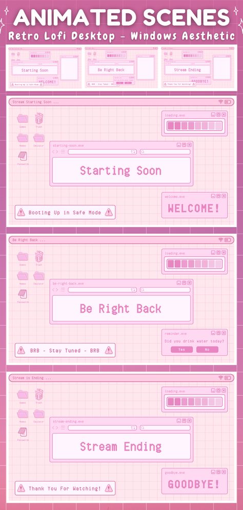 Animated Twitch Screens - Pink Retro Lofi Windows Aesthetic - Starting Soon, Be Right Back, Stream Ending Scene - Cute Pastel Pink, Cozy - Animated Stream Scenes for Twitch - Pink Retro Lofi, Windows Aesthetic Twitch Overlay Package, Pink Stream Overlay, Y2k Twitch Overlay, Kawaii Stream Overlay, Pink Twitch Overlay, Twitch Be Right Back Screen, Stream Starting Soon Template, Be Right Back Twitch, Pink Lofi Aesthetic