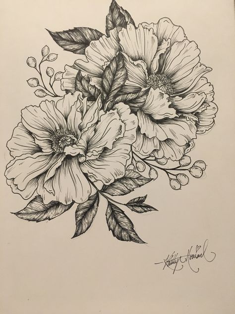 Flower Sketches Tattoo, Vintage Flower Sketch, Biro Drawing Flower, Ink Illustrations Flowers, Vintage Floral Drawing, Detailed Flower Drawings, Beautiful Flowers Drawing Sketches, Big Flower Drawing, Biro Sketches