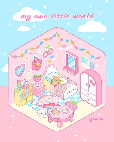 Forgot to share these here 😊 🎀 I’ve always loved doing isometric art . . . . . . . . . #isometric #isometricart #isometricroom #kawaii… | Instagram Kawaii Bedroom Drawing, Cute Isometric Art, Isometric Rooms, Kawaii Instagram, Isometric Room, Bedroom Illustration, Smile Drawing, Kawaii Bedroom, Bedroom Drawing