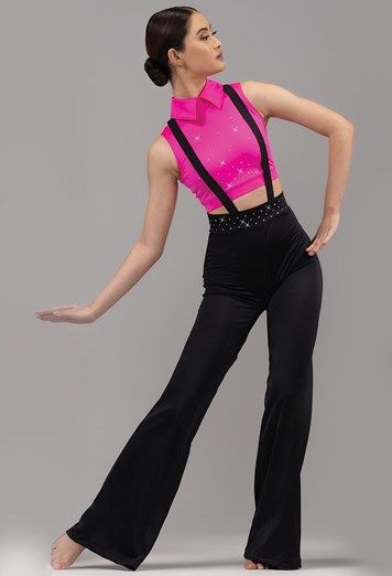 Outfits With Suspenders, Black Dance Costumes, Dance Class Outfit, Jazz Outfits, Dance Recital Costumes, Cute Dance Costumes, Spandex Jumpsuit, Circus Outfits, Jazz Pants