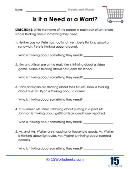 Who Has What They Need? Worksheet - 15 Worksheets.com Shopping Cart Icon, Needs And Wants, Cart Icon, The Worksheet, Career Choices, Student Writing, Critical Thinking, School Work, Shopping Cart