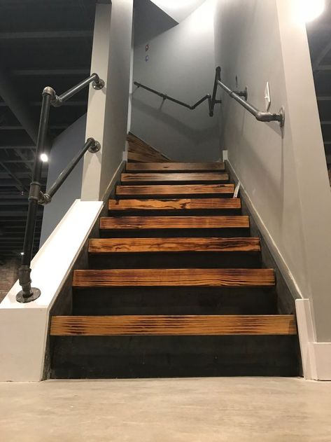 Basement Stair Handrail, Industrial Basement Design, Modern Industrial Basement, Basement Steps Ideas, Industrial Basement Ideas, Stairs Remodel, Basement Stairs Remodel, Basement Stairwell, Basement Remodeling Diy