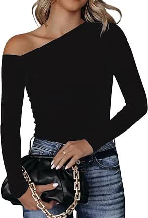 BONITEE Women's One Off Shoulder Tops Asymmetrical Neck Long Sleeve Slim Wrap Tee Shirt Blouse Off The Shoulder Bodysuit, Basic Bodysuit, Bodysuit Tops, Casual Rompers, Bodysuit Fashion, Shoulder Tops, Basic Long Sleeve, Elegant Chic, Off Shoulder Tops