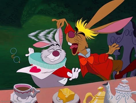 *WHITE RABBIT & THE MARCH HARE ~ Alice in Wonderland, Alice In Wonderland 1951, Disney Screencaps, March Hare, The Rabbit, Mad Hatter, Alice In Wonderland, Tea Party, Tea, Disney