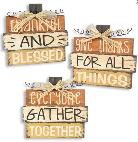 Place these wooden block signs on a shelf, table, desk, or counter to decorate your home for fall or Thanksgiving. Each sign has a rustic stacked block design and features an inspirational saying. Painted in fall colors of orange, brown, and gold, the signs have a worn, faded look. A raffia bow and metal accents top off each sign. Sold in increments of 3 block signs with assorted phrases: Everyone gather together, Give thanks for all things, and Thankful and blessed. Each sign measures 8 inches Scrapbook Cards Ideas, Ideas For Scrapbook, Thanksgiving Wood Crafts, Fall Festival Decorations, Fall Craft Fairs, Fall Crafts For Adults, Blessed Thanksgiving, Cards Tutorial, Plank Art