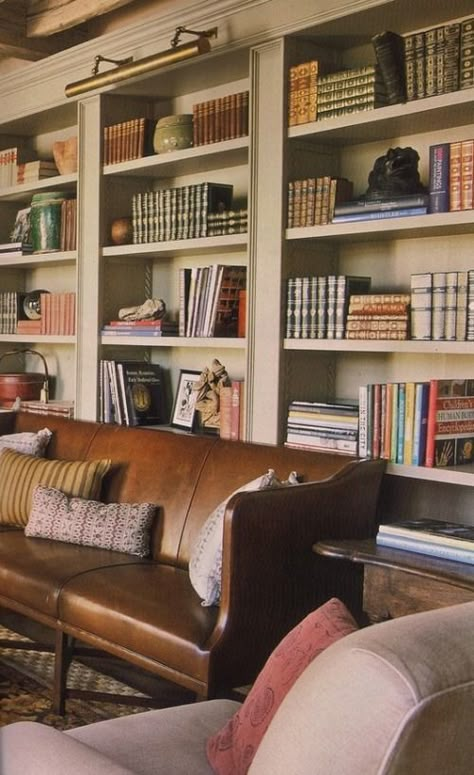 Library with Brown Leather Sofa | Content in a Cottage Library Study, Brown Leather Sofa, Home Library Design, Comfortable Office, Library Office, Office Library, Built In Bookcase, Home Libraries, Street Market