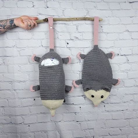 Possum Birthday, Crochet Possum, Grocery Bag Holder, Weird Holidays, Holiday Stockings, Diy Crochet Projects, Crochet Home, Bag Holder, Crochet Gifts