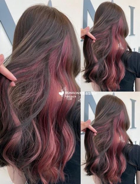 Peekaboo Hair Color Magenta, Hair Color Chunky Highlights, Underhair Highlights, Dye Under Hair, Peekaboo Hair Color Brown, Peakaboo Dye Hair, Red Ends On Brown Hair, Pink Under Hair, Ends Hair Color