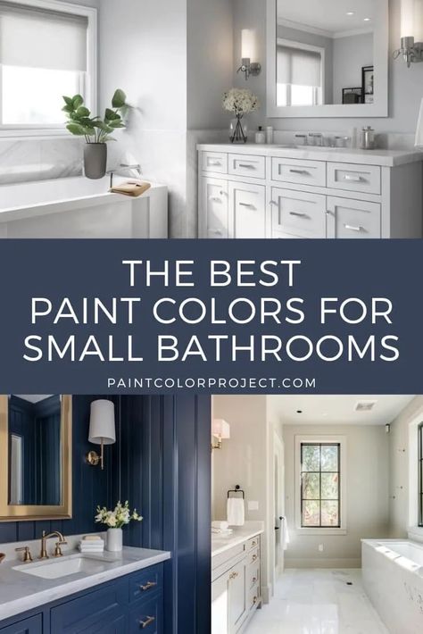 Need to make your small bathroom feel bigger? I’ve got you covered. Read my guide to the best paint colors for small bathrooms. These colors can transform your space into something fresh and inviting. Good Paint Colors For Bathrooms, Crisp Bathroom Ideas, Bathroom 2 Color Walls, Main Bathroom Color Ideas, Master Bath Colors Paint, Small Bathroom Brown Floor, Best Benjamin Moore Bathroom Colors, Bedroom Bathroom Paint Combo, Bathroom Paint Colors Small Space