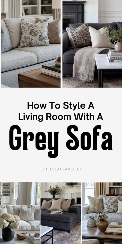 If you have a grey sofa in your living room, you're in luck because styling around a grey couch is actually very doable! Grey couches blend with so many interior design styles and color palettes - we will show you how to make your grey sofa work. Whether you have a dark charcoal grey sofa or a light grey one, there are a few tricks to make it look its best. Take a look at this ultimate guide to grey couch living rooms. Designers weigh in on what kinds of colors and decor suit a grey sofa best. Living Room Ideas With Light Grey Couch, Grey Couch With White Pillows, Decorate Grey Living Room, Styling A Grey Sectional, Small Living Room Decor Gray Couch, Tv Room Grey Couch, Grey Chenille Sofa Living Room, Light Grey Chaise Sofa Living Room, Grey And Beige Couches Together