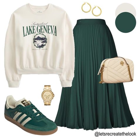 Pleated Skirt x Sweatshirt - 3 Outfit Ideas 🦚 Do you own any pleated skirts? Have you been looking for a different way to style them? Try yours with a graphic print sweatshirt and sneakers for a cute and elevated casual look! Save this post for style inspo and look in your closet and see how you can recreate similar looks yourself! For links to these looks, comment, PLEATS PLEASE! I recently purchased these three sweatshirts (currently on sale), so I will be showing several more ways to st... Pleated Skirt And Sweatshirt Outfit, Pleated Skirt With Sneakers Outfit, Dress With Rubber Shoes Outfit, Elevated Sweatshirt Outfit, Skirt Sweatshirt Outfit, Patterned Skirt Outfit, Skirt And Sweatshirt Outfit, Pattern Skirt Outfit, Rubber Shoes Outfit