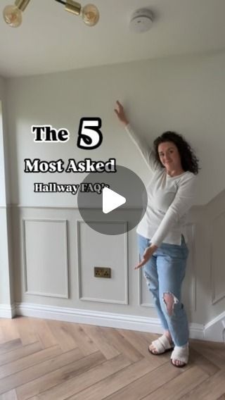 Jenna Brown on Instagram: "HALLWAY MOST ASKED ✨ 

Following previous reels I still get asked so many questions so here’s the Top 5.. 

Panelling info in detail 

• Dado Rail Astragal Pine - B&Q 12x34x2400mm
• Strips Barrel Pine - B&Q 9x21x2400mm 

• Paint Colours 
Walls - Timeless Dulux
Panelling - Egyptian Cotton Dulux

• Flooring 

Timeless Oak LVT - Howdens 

• Are both sides panelled? 
No they aren’t we didn’t feel the need.. we will add a hand rail but it’s not been needed 

• The before
That speaks for itself 🤭 

Hope that helps! 

Any ive missed drop me a DM 

SAVE for later and FOLLOW for more DIY home renovations. ✌🏼 

HALLWAY | HACKS | TIPS | DIY | PANELLING | HERRINGBONE | FLOORING | TRANSFORMATIONS | RENOVATION 

#home #neutrals #renovation #beforeandafter #diy #carpentry #he Panelling Same Colour As Walls, Painting Stairwell Walls Ideas, Hall Panelling Colour Ideas, Landing Panelling, Panelling Up The Stairs, Paneling Walls Makeover, Dado Rail Hallway, Stairwell Wall Ideas, Hallway Paint Ideas