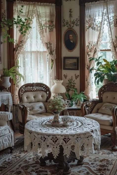 Cottagecore Living Room Ideas, Tablecloth Patterns, Cottagecore Living Room, Shabby Chic Side Table, Cottagecore Living, Distant Memory, Sitting Rooms, Victorian Interiors, Apartment Makeover