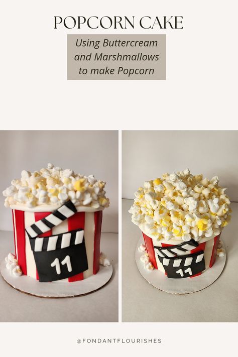 Popcorn Cake, Buttercream, Fondant, Movie night, Theme Birthday, Backyard, Outdoor Popcorn Cake Design, Movie Party Cake, Movie Theme Birthday Cake, Movie Night Cake Ideas, Movie Night Birthday Cake, Popcorn Birthday Cake, Movie Night Cake, Movie Birthday Cake, Birthday Backyard