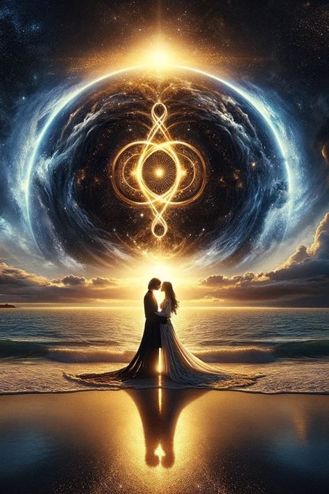 An ethereal love tale depicted through this stunning illustration of Yin and Yang - a soulmate couple caught amidst a cosmic love dance. The artwork resembles a dreamy, celestial wedding painting, visualizing an otherworldly romance. Twin Flame Love story. Love In Darkness, Twin Flame Art Couple, Love Romance Art, Soulmate Illustration, Fantasy Couple Romantic, Soulmate Couple, Soulmates Art, Ying And Yang, Twin Flame Art