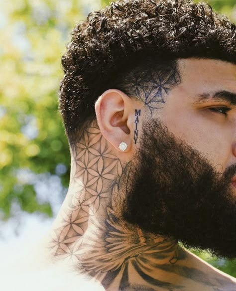 Men’s Face Tattoo Ideas, Back Of Neck And Head Tattoo, Cheek Tattoo Men, Love Earth Tattoos, Geometric Tattoo Design Neck, Above Ear Tattoo, Pattern Neck Tattoo, Top Of Head Tattoo, Mandala Neck Tattoo Men