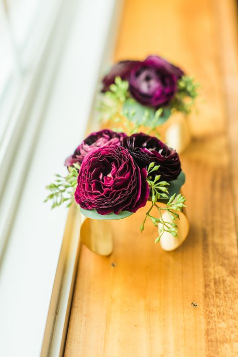 Burgundy Wrist Corsage Wedding, Cuff Corsage Prom, Cuff Corsage Wedding, Ranunculus Wrist Corsage, Burgundy Wrist Corsage, Winter Wedding Burgundy, Cuff Corsage, Wearable Florals, Flower Thoughts