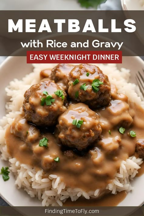 Looking for quick and easy weeknight dinners for families? Try this Southern Style Meatballs and Gravy recipe with savory, rich, and flavorful meatballs in gravy that pairs so well with rice, egg noodles, or mashed potatoes for a delicious meal the whole family will love. Easy weeknight comfort food. Ground Beef Meatballs And Gravy, Meatball And Noodle Recipes, Rice And Gravy Meals, Rice And Meatballs Recipes, Rice With Meatballs, Dishes With Meatballs, Meatball And Rice Dinner Ideas, Meatball Rice And Gravy, Sauce For Meatballs And Rice