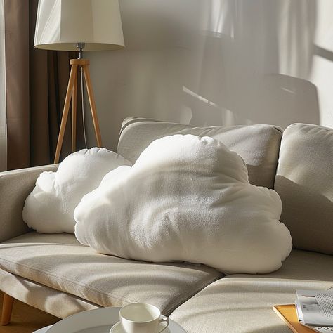 Introducing our Cloud-Shaped Cushion: Sink into the softness of a heavenly cloud with our plush, cloud-shaped cushion. Perfect for lounging or adding a touch of whimsy to your decor, it’s a cozy companion for relaxation. Conceptual AI Art Follow @ecosapiens for more! Pillow Aesthetic, Home Room Design, House Inspo, House Rooms, Room Design, Relaxation, Lounge, Cushions, Pillows