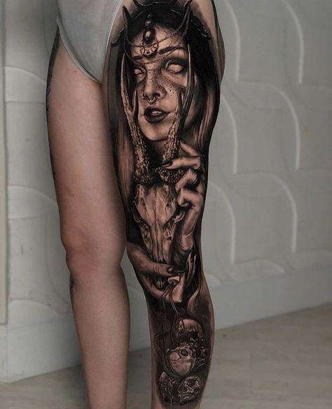 Tattoo Bein Frau, Chris Tattoo, Thigh Tattoo Ideas, Paul Booth, Gotik Tattoo, Tattoo Ideas Inspiration, Satanic Tattoos, Tattoo Artist Tattoo, Full Leg Tattoos