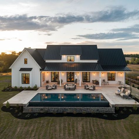 Barndominium Dream Barndominium With Pool Ideas, Barndominium With Attached Guest House, Pretty Barndominium, Barndominium Aesthetic, Barndominium Lake House, 2 Story Barndominium Ideas Exterior, Barndominium With Pool, White Barndominium, Luxury Barndominium