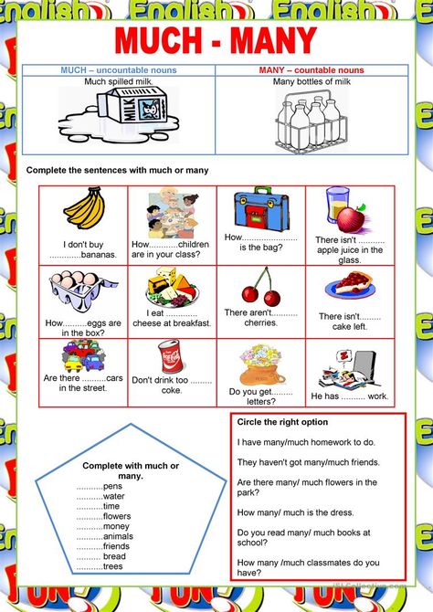 Welcome to English - much and many -quantifiers - English ESL Worksheets Much And Many Worksheet, English Classroom Posters, English Worksheets For Kindergarten, English Worksheet, English Exercises, Teaching English Grammar, English Grammar Worksheets, English Games, English Lessons For Kids