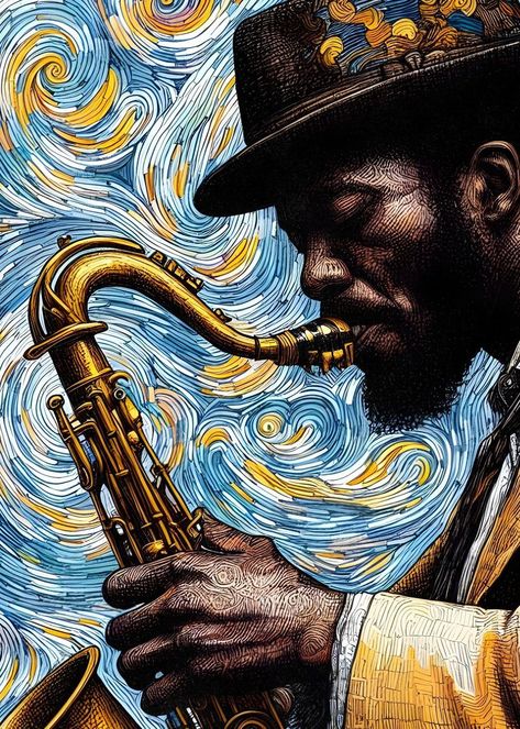 The magic of jazz and its influence on popular.#Accent_Walls #Jazz_Artwork #Classic_Jazz #Inspiration_Painting Jazz Guitar Aesthetic, Music Inspired Paintings, Jazz Poster Vintage, Jazz Music Aesthetic, Jazz Art Paintings, Saxophone Painting, Sahlo Folina, Jazz Artwork, Jazz Music Art