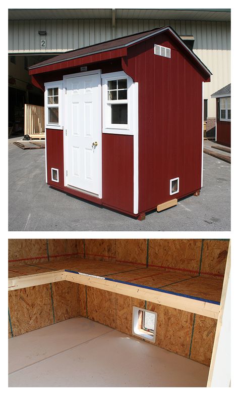 Cat house!  Here's something you don't see everyday.  One of our creative customers asked us to modify this little 6x8 A-frame shed for her cats.  We added 2 little doors, lots of shelves for lounging and a Glasbord floor for easy cleaning. Cat Shed, Dog House Plan, Outdoor Cat Shelter, Dogs House, Feral Cat Shelter, What Cats Can Eat, Feral Cat House, Goat Shelter, Outdoor Cat Enclosure