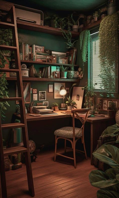 Witch Aesthetic Office, Green Academia Aesthetic Room, Decorate Shelves In Bedroom, Green And Wood Aesthetic, Witch Office Aesthetic, Hobbit Aesthetic Home Decor, Green Wood Aesthetic, Green Academia Decor, Brown Office Aesthetic