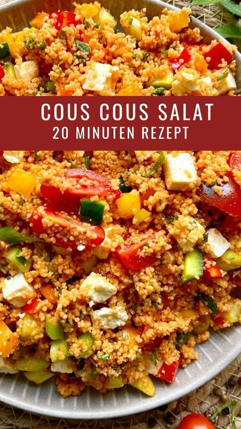 Hier findest du ein ganz leckeres Couscous Rezept, schnell und einfach in der Zubereitung- dazu kalorienarm. Der Couscous Salat begeistert alle am Tisch und schmeckt Groß und Klein. Dieser bunte Salat eignet sich sehr gut als Grillbeilage oder auch als Meal Prep.   Hier hast du wieder die Möglichkeit einiges an Gemüse direkt aus deinem Garten oder deinem Balkonanbau zu nehmen. Couscous Recipe, Healthy Bowls Recipes, Couscous Salat, Veggie Snacks, Couscous Recipes, Work Meals, Cous Cous, Couscous Salad, Cooking Inspiration