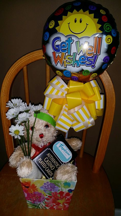 This is a fun, easy and inexpensive get well teddy bear gift basket project.  I purchased everything at my local dollar store with the exception of the real flowers and teddy bear. Teddy Bear Gift Basket, Teddy Bear Gift, Teddy Bear Gifts, Crochet Shawls And Wraps, Crochet Shawls, Crochet Shawl, Gift Basket, Real Flowers, Fun Easy