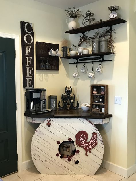 Corner Coffee And Wine Bar Ideas, L Shaped Corner Coffee Bar, Diy Coffee Bar Corner Cabinet, Caffe Bars, Corner Coffee Bar With Mini Fridge, Coffee Bar From Corner Hutch, Aesthetic Coffee Bar, Corner Coffee Bar, Coffee Bar At Home