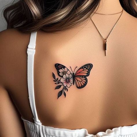 Unique First Tattoo Ideas, Feather And Butterfly Tattoos For Women, Feather With Butterflies Tattoo, Now She Flies With Butterflies Tattoo, Back Of Neck Butterfly Tattoo, Butterfly Memorial Tattoo Ideas, Hip Tattoo Cover Up Ideas, Ankle Tattoos For Women Classy, Single Butterfly Tattoo