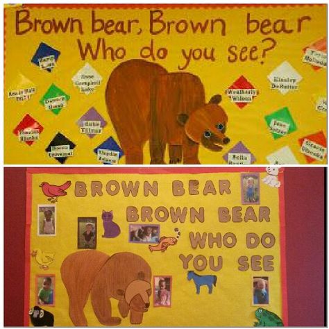 Brown Bear Brown Bear Classroom Decor, Brown Bear Classroom Theme, Brown Bear Brown Bear Bulletin Board, Brown Bear Bulletin Board Ideas, Bear Bulletin Board Ideas, Bear Activities Preschool, Eric Carle Classroom Theme, Toddler Bulletin Boards, Brown Bear Brown Bear Activities