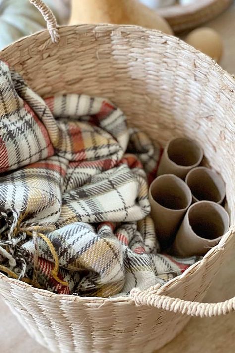 Blankets In Basket Decor, Large Basket Decor Ideas Fall, Fall Blanket Basket, Decorating Crocks For Fall, Farmhouse Basket Filler Ideas, Fall Basket Arrangements, Fall Crock Decorating Ideas, Fall Picnic Basket Decor, Basket Of Pumpkins Decor