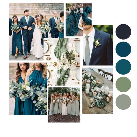 Perfect winter wedding colour scheme Peacock Color Scheme Wedding, Teal Wedding Palette, Pine Color Wedding, Blue Wedding Theme Ideas, Olive And Blue Wedding, Forest Green And Dark Blue Wedding, Shades Of Blue Winter Wedding, Blue Green And White Winter Wedding, Winter Wedding Blue And Green