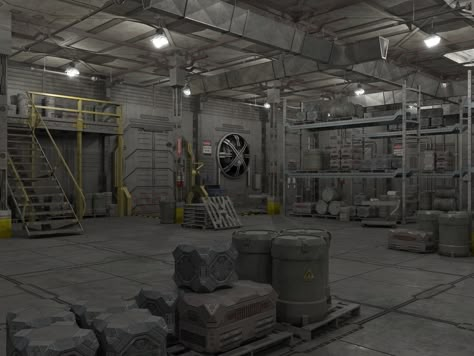 Sci Fi Warehouse Concept Art, Sci Fi Prison Concept Art, Sci Fi Research Facility, Underground Bunker Concept Art, Futuristic Warehouse, Sci Fi Workshop, Sci Fi Hangar, Factory Concept Art, Underground Warehouse