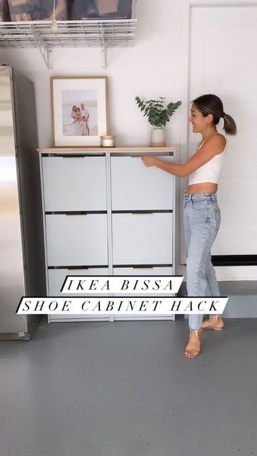 Natalie | Home DIY & Design on Instagram: "Organized shoe storage, but make it pretty 😉 Just finished the @ikeausa Bissa shoe cabinet hack and it turned out so beautifully! I primed and painted the 2 units, screwed them together, added the stained wood top, and added some gold finger pull handles. It’s so nice not staring at cluttered looking rows of shoes now. Had to hide that breaker box too 🙂 What do you think?! 😍 Paint: BM Boothbay Gray #parkplaceabode #diyprojects #diyhome #homediy #ho Shoes In Dresser Drawer, Ikea Hack Bissa, Ikea Bissa Shoe Cabinet Hack, Bissa Shoe Cabinet Hack, Built In Shoe Cabinet, Ikea Bissa Shoe Cabinet, Ikea Bissa Hack, Bissa Ikea, Outdoor Shoe Cabinet