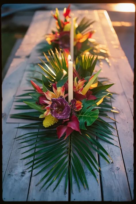 Tropical Tablescapes For A Dream Summer Garden Party | Daisily Hawaiian Theme Table Setting, Hawaiian Garden Party, Tropical Table Runner, Caribbean Table Decor, Tropical Party Ideas Decor, Carribean Decorations Party, Hawaiian Wreath Diy, Tropical Theme Wedding Reception, Tropical Nights Party